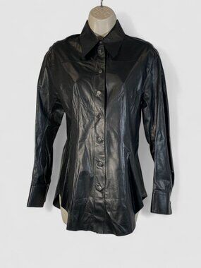 Akris Women's Black Lamb Leather Solid Collared Long Sleeve Blouse Top Size 2